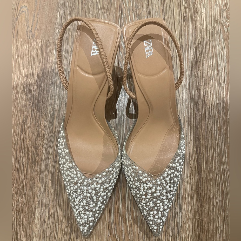 Zara Pearl Embellished Silver Slingback Women's Shoes Sz 39. Worn once.